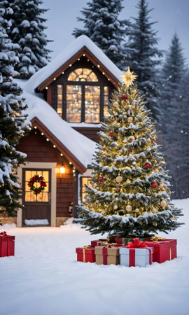 A Snowy Landscape Adorned With Christmas Tree And Illuminated Gift. Generative AIの素材