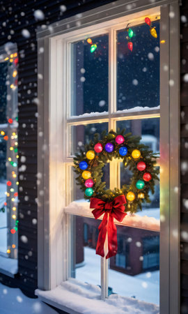 A Wreath And Christmas Lights Casting Colorful Reflections On A Snowy Windo. Generative AIの素材