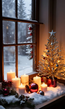 Christmas Decorations Adorning A Snowy Window, The Room Inside Cast In The Soft Glow Of Firelight. Generative AIの素材