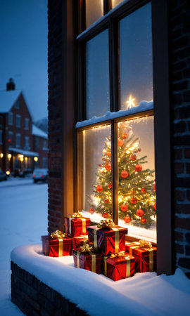 Christmas Presents Stacked In A Snowy Window, The Street Outside Illuminated By The Soft Glow Of Streetlights. Generative AIの素材