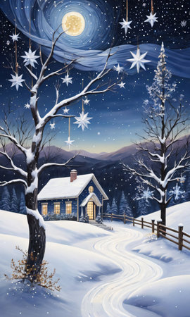 A Starry Night With A Snowy Landscape Adorned With Ribbons And Bow. Generative AIの素材