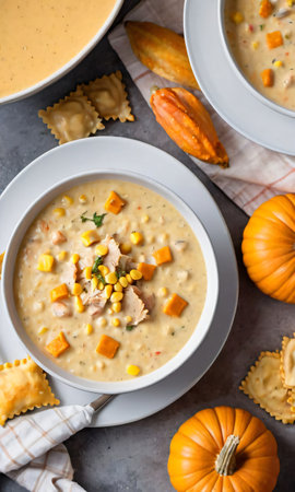 Thanksgiving Corn And Turkey Chowder Beside A Plate Of Pumpkin Raviol. Generative AIの素材