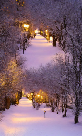 Christmas Lights Illuminating A Path Through A Snowy Village, Captured At Dawn. Generative AIの素材