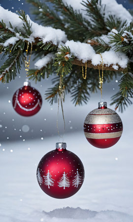 Christmas Ornaments Hanging From A Tree In A Snowy Field, Their Reflections Capturing The Starlit Sky. Generative AIの素材