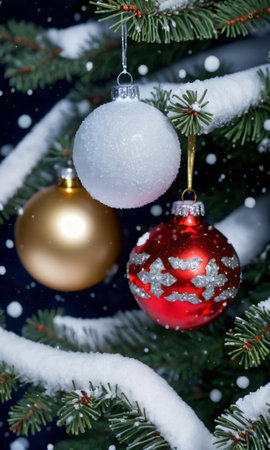 Ornaments And Tinsel Amidst A Snowfall, Under The Moonligh. Generative AIの素材
