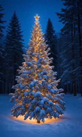 Christmas Lights Adorning A Tree In A Snowy Forest, Captured At Twilight. Generative AIの素材