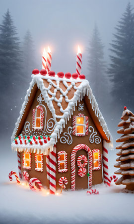 A Gingerbread House With Candy Canes And Twinkling Lights In The Fog. Generative AIの素材