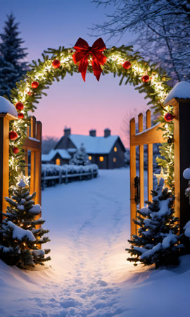 Christmas Decorations Adorning A Gate In A Snowy Landscape, Captured In The Soft Light Of Twilight. Generative AIの素材