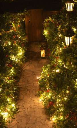 A Lantern-Lit Path Leading To A Festively Decorated Cottage. Generative AIの素材