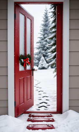 Photo Of Christmas Snowy Footprints Leading To A Doo. Generative AIの素材