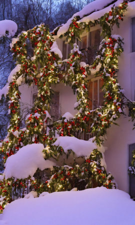 Christmas Decorations Adorning A Snowy Balcony, The Garden Below Illuminated By The Soft Glow Of Fairy Lights. Generative AIの素材