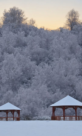 A Snowy Landscape With A Decorated Gazebo At Sunrise. Generative AIの素材