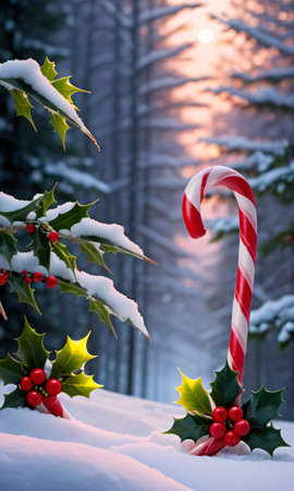 Candy Canes And Holly In A Snowy Forest, Illuminated By The First Light Of Dawn. Generative AIの素材