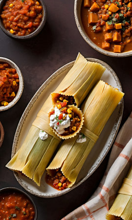 Thanksgiving Corn And Pumpkin Tamales Paired With A Dish Of Turkey Ragou. Generative AIの素材