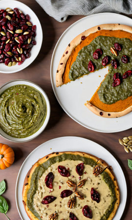 Thanksgiving Pumpkin Seed Pesto With A Plate Of Turkey And Cranberry Pizz. Generative AIの素材