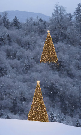 A Christmas Tree On A Snowy Hill, The City Lights Twinkling In The Distance. Generative AIの素材