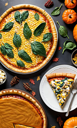 Thanksgiving Corn And Turkey Pizza Beside A Dish Of Pumpkin And Spinach Thanksgiving Pi. Generative AIの素材