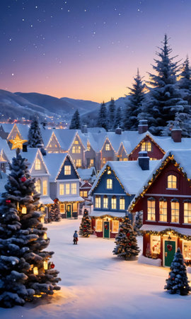 A Snowy Christmas Village With Twinkling Lights At Dusk. Generative AIの素材