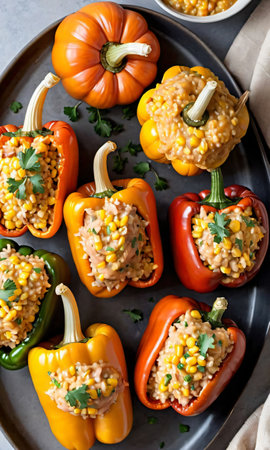 Thanksgiving Corn And Turkey Stuffed Peppers Paired With A Dish Of Pumpkin Risott. Generative AIの素材