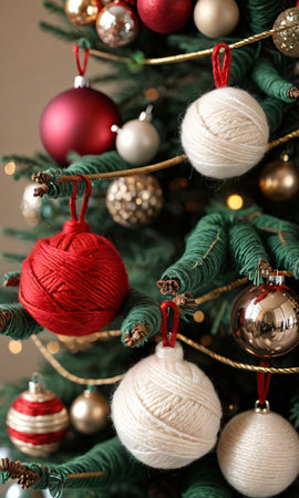 Photo Of Christmas Yarn-Wrapped Christmas Tree Ornament. Generative AIの素材