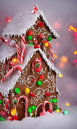 A Gingerbread House With Candy Canes And Twinkling Lights In The Fog. Generative AIの素材