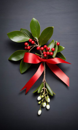 Photo Of Christmas Mistletoe With A Red Ribbo. Generative AIの素材