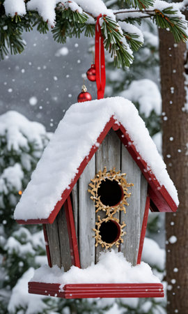 Photo Of Christmas Snow-Covered Birdhous. Generative AIの素材