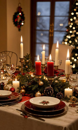 A Table Set For Christmas Dinner, Lit By Candlelight. Generative AIの素材