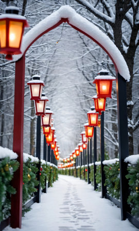 Photo Of Christmas Snowy Path Lined With Lantern. Generative AIの素材
