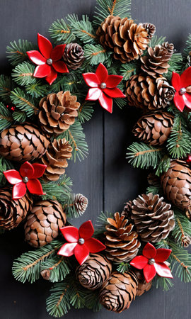 Photo Of Christmas Wreath Made Of Pinecone. Generative AIの素材