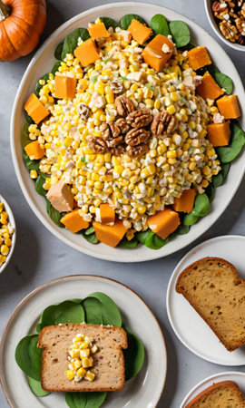 Thanksgiving Corn And Turkey Salad Beside A Plate Of Pumpkin And Walnut Brea. Generative AIの素材