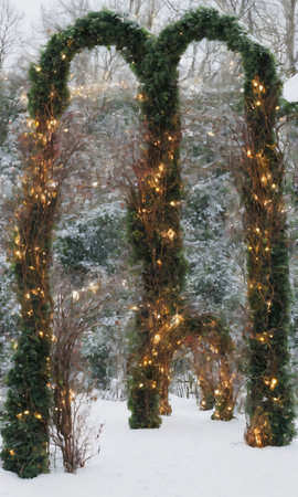 A Decorated Archway Leading Into A Snowy Garden With Fairy Lights. Generative AIの素材