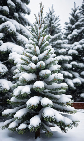 Photo Of Christmas Snow-Covered Pine Tre. Generative AIの素材