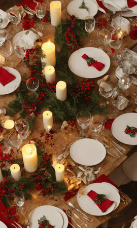 A Table Set For Christmas Dinner, Lit By Candlelight. Generative AIの素材