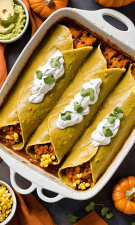 Thanksgiving Pumpkin And Turkey Enchiladas With A Side Of Corn Guacamol. Generative AIの素材