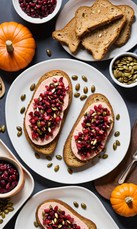 Thanksgiving Pumpkin Seed Toast With A Dish Of Turkey And Cranberry Sals. Generative AIの素材
