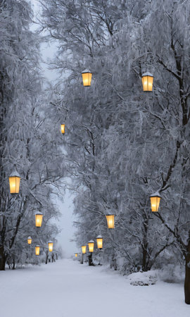 A Snowy Path Lined With Lanterns Leading To A Decorated Gazebo. Generative AIの素材