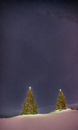 A Christmas Tree On A Snowy Mountain Peak Under A Starlit Sky. Generative AIの素材