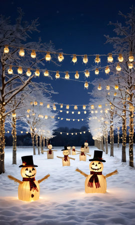 A Snowy Field With Decorated Scarecrows And Twinkling Lights. Generative AIの素材