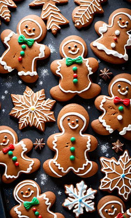 Photo Of Christmas Gingerbread Cookies On A Baking Shee. Generative AIの素材