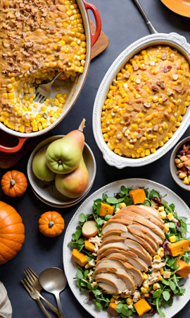 Thanksgiving Corn And Turkey Casserole Adjacent To A Dish Of Pumpkin And Pear Sala. Generative AIの素材