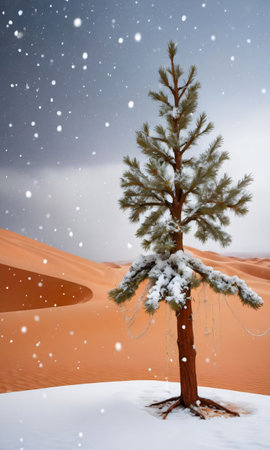 A Decorated Tree In A Desert With Snow Falling Gently. Generative AIの素材