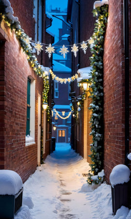 A Snowy Alleyway Decorated With Garlands And Illuminated By Streetlights. Generative AIの素材