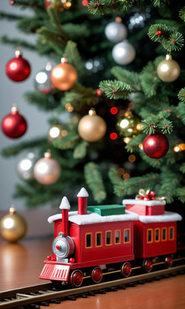Photo Of Christmas Toy Train Circling A Tre. Generative AIの素材
