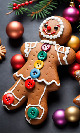 Photo Of Christmas Gingerbread Man With Colorful Button. Generative AIの素材