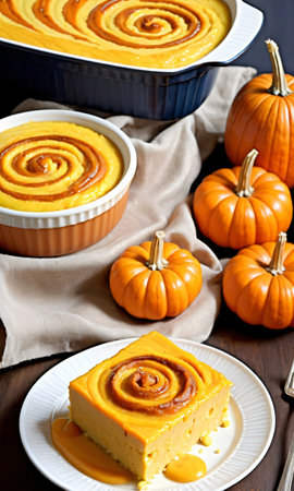 Thanksgiving Corn Pudding With Pumpkin Puree Swirl. Generative AIの素材