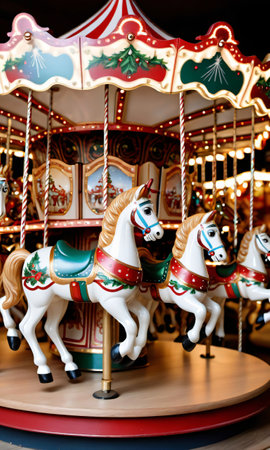 Photo Of Christmas Christmas Carousel With Wooden Horse. Generative AIの素材