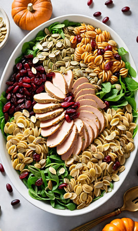 Thanksgiving Pumpkin Seed Salad With A Dish Of Turkey And Cranberry Past. Generative AIの素材