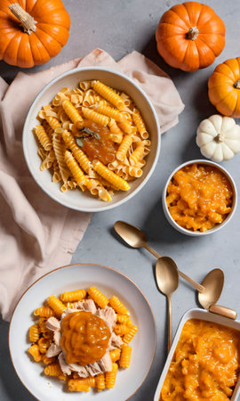 Thanksgiving Corn And Turkey Pasta Beside A Dish Of Pumpkin And Orange Ja. Generative AIの素材