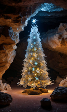 A Christmas Tree In A Cave, Illuminated By The Glow Of Crystals. Generative AIの素材